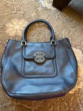 Tory Burch Black Leather Pebbled Tote with Gold Logo